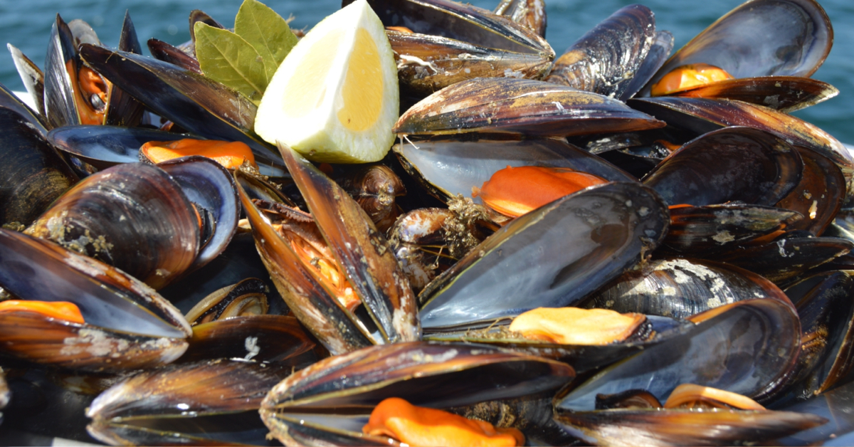 Bandeja de mejillones de la Ría de Arousa servidos al vapor con limón